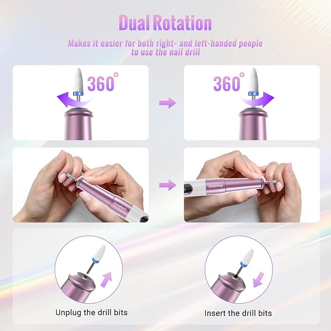 Denabuty Nail Drill Cordless, Electric Nail File 12 in 1 with LED Display, Nail Drill Machine Professional Portable Rechargeable E File for Gel Acrylic Manicure Pedicure Set with 5 Speeds Purple