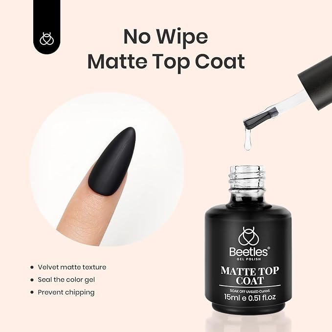 Beetles 3Pcs 15ml Base Gel & No Wipe Top Coat Nail Polish Matte Coat Set, Shine Finish and Long Lasting, Soak Off LED Nail Lamp Art DIY Design Gifts for Women Her