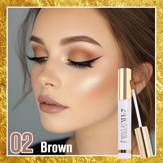 24K Gold Peel Off Matte Liquid Lip Gloss Stain-Lip Liner with Tweezer, Brown Peel Off Lip Stain, Long Lasting & Waterproof Lipstick Tattoo, Transfer-Proof Lip Gloss for All Skin Types