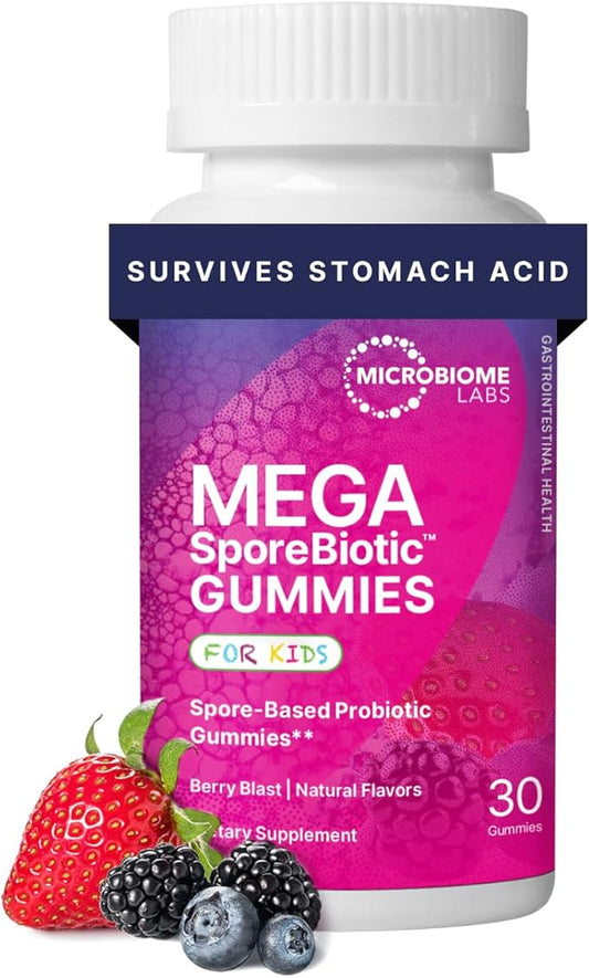 Microbiome Labs MegaSporeBiotic Kids Probiotic - Spore Based Gummy Probiotics for Kids - Supports Gut Health & Immunity with Bacillus Probiotic Blend - Berry Flavored (30 Gummies)