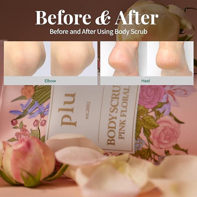 PLU Korean Walnut Body Scrub Pink Floral with Manuka Honey - Exfoliating, Hydrating & Smoothing for Radiant Skin Texture - Fresh & Elegance Rose Scent, 6.76 oz.