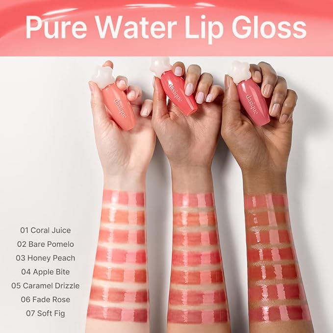 dasique Pure Water Lip Gloss #01 Coral Juice 0.09 oz | Variety of Colors | Dewy Gloss | Buildable Gloss Tesxture | Non-Sticky | K-beauty