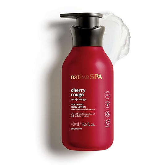 O Boticário Nativa SPA Cherry Rouge Velvety Body Lotion, Bold Oriental Amber Fragrance with Cherry Extract & Quinoa Oil, Collagen Boosting Hydration, 13.5 Ounce (400ml)