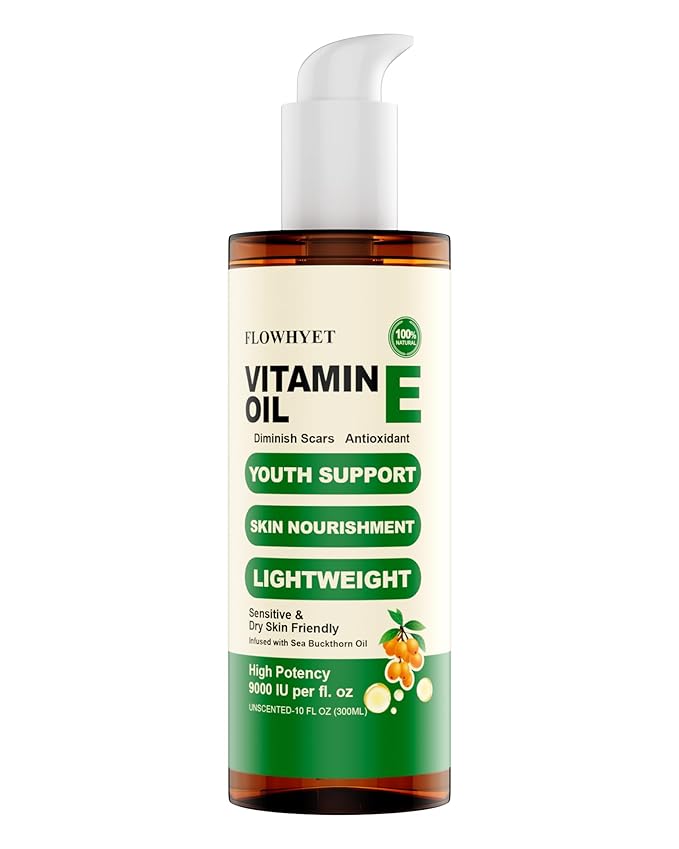 FLOWHYET 10 Floz Organic Vitamin E Oil, Pure Nail Oil vit e for Face, Skin, Body, Hair vitamins, Nourish Dry Skin, Maintain Youthful, Antioxidant, Fade Scars, Non-Greasy - 300ml