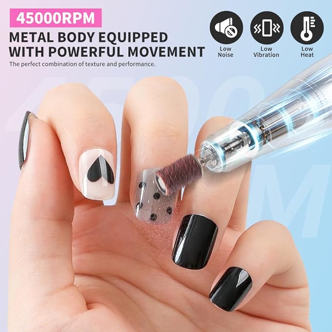 ANRLO Professional Electric Nail Drill, 45000 RPM Cordless Rechargeable E-File Machine, with 12 Bits, Sanding Bands, LCD Display for Acrylic Gel Nails (DMJ-V8-Color-USB)