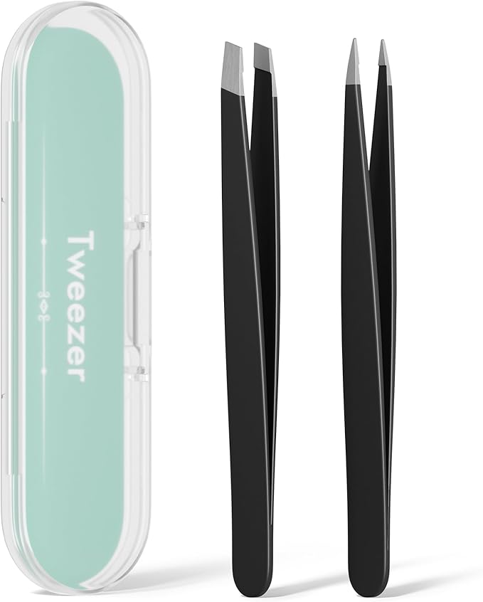 EZ2LIVE Tweezers for Women Facial Hair, Slant & Point Tip 2 Pack Eyebrow Tweezers for Men, Professional Tweezer Set Stainless Steel Precision Tweezers for Eyebrows, Splinter, Ingrown Hair Removal