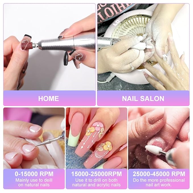 ANRLO Professional Electric Nail Drill, 45000 RPM Cordless Rechargeable E-File Machine, with 12 Bits, Sanding Bands, LCD Display for Acrylic Gel Nails (DMJ-V4-purple-USB)