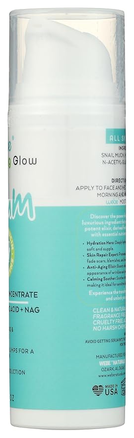 WEBE Naturals Snail Mucin 94% Hydrating Glow Serum | 1.3% Hyaluronic Acid & N-Acetyl Glucosamine | Collagen Boosting, Plumping, Anti Aging, Intense Moisturizing Serum for Radiant, Dewy Skin
