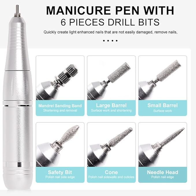 ANRLO Professional Electric Nail Drill, 45000 RPM Cordless Rechargeable E-File Machine, with 12 Bits, Sanding Bands, LCD Display for Acrylic Gel Nails (DMJ-V2-USB-White)