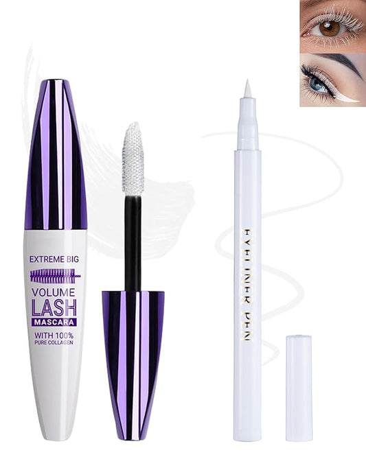 White Waterproof Mascara & Eyeliner, Fiber Lash Extension Colored Tube Mascara Volume and Length, Long Wear Smudge-Proof Voluminzing Colorful Máscara and Liquid Eyeliner Pen Christmas Kit for Women