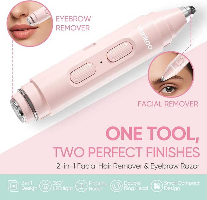 Vankoo Facial Hair Remover & Eyebrow Trimmer - 2 in 1 Eyebrow & Face Shaver for Women - Rechargeable Face Razors for Women with Built-in LED Lights - Painless Hair Removal for Flawless Skin & Makeup