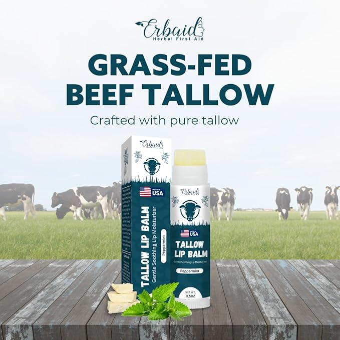 Beef Tallow Lip Balm – Natural Tallow Beeswax Chapstick – Hydrating Moisturizer Grass Fed Bison Tallow Balm Lip Care – Soothes Chapped, Dry Lips, Sensitive Skin – Long Lasting & Vitamin Rich USA-Made