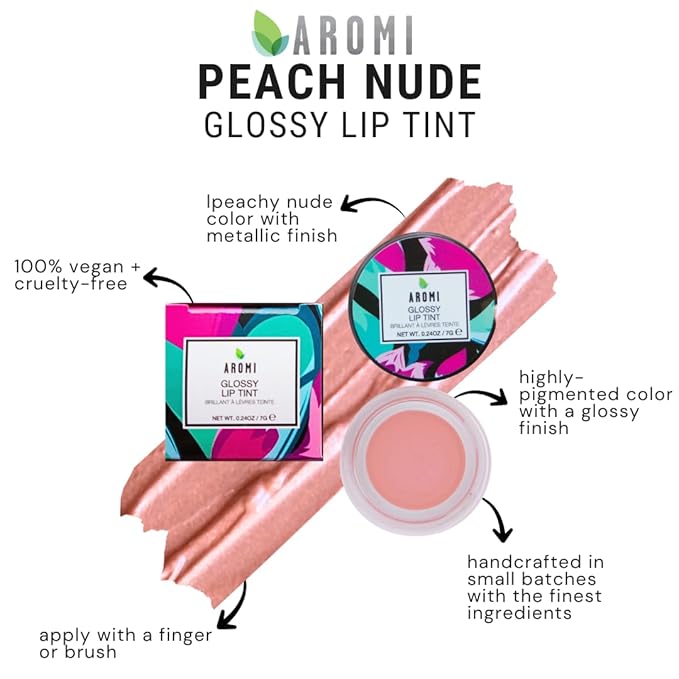 Aromi Glossy Lip Tint in Pot – Shimmery, Hydrating Lip Gloss Color, Metallic, Light Peachy Beige Shade, Vegan & Cruelty-free, Moisturizing, Non-Sticky Formula (Peach Nude)