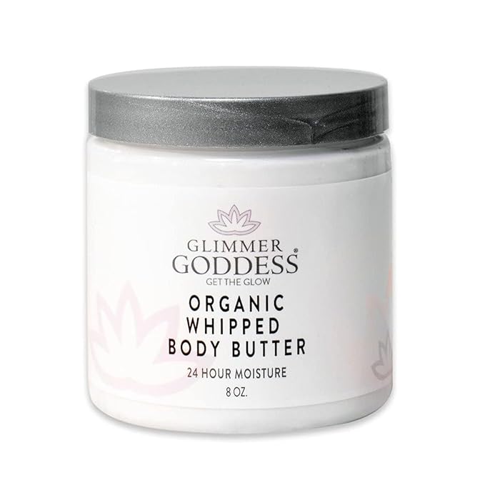 Glimmer Goddess Organic Whipped Body Butter for Women - Moisturizer Cream with Shea & Cocoa Butter, Almonds & Coconut Oil - Lavender & Lemon, 8oz