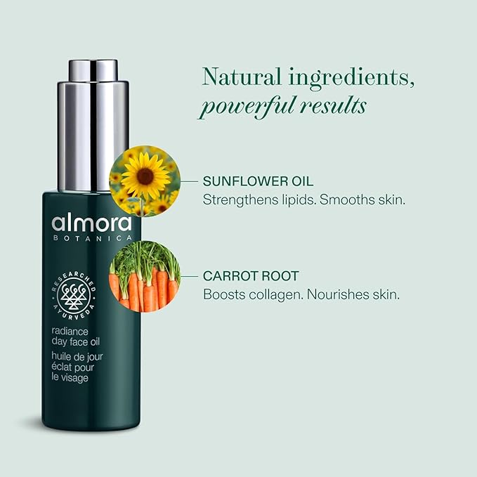 Almora Botanica Radiance Day Face Oil 15mL | Hydrating & Brightening Facial Oil for Glowing Skin | Lightweight, Non-Greasy Formula with Sunflower Oil & Beta Carotene | Natural, Vegan Skincare