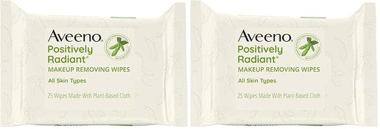 Aveeno Positively Radiant Makeup Remover Wipes, Gentle Individual Face Wipes with Moisture-rich Soy Extract to help leave your skin looking bright, Hypoallergenic Formula, Non-Comedogenic (Pack of 50)