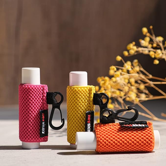 HEYSKAY 3PCS Lip Balm Holder Sleeves Keychain Chapstick Holder Lip Gloss Holder Keychain Chapstick Elastic Sleeves(Beige/Grey/Orange)