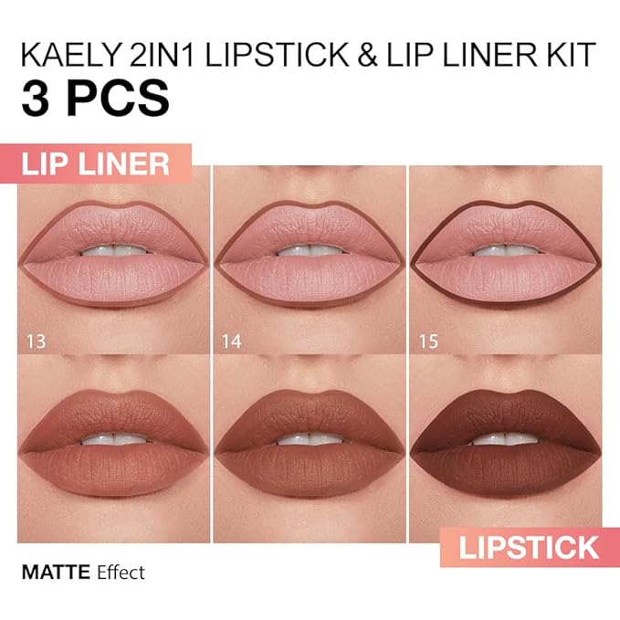 evpct 3Pcs DarK Light Nude Brown Matte Lip Liner and Lipstick Combo Set for Women Long Lasting, Cream Gradient Lipstick and Lip Liner Crayon Contour Pencil Makeup, Flawless Ombre Effect, Waterproof