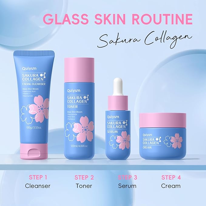 Sakura Collagen Skin Care Set - 6pcs Skincare with Facial Cleanser, Serum, Cream, Toner, Facial Brush, Bunny Hair Band & Makeup Bag, Deep Cleansing, Hydrating, Firming, Even Tone, Radiance