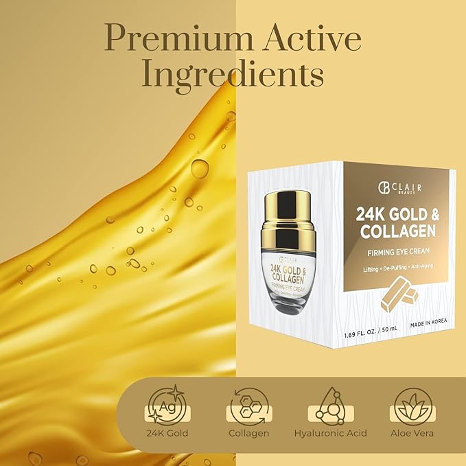 Clear Beauty 24k Gold & Collagen Under Eye Cream - Hydrating, Firming & Anti-Aging - Dermatologist Tested, Clean Beauty & Cruelty-Free Korean Skin Care for All Skin Types - 1 Fl. Oz