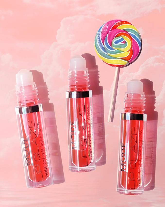 MODE Lip Glaze Flavored Lip Gloss FRUIT PUNCH LOLLIPOP Delicious Flavor Roll On Sweet Wet Nourishing Shine, Hydrating Natural Skincare Fruit Oils, Made in NY USA
