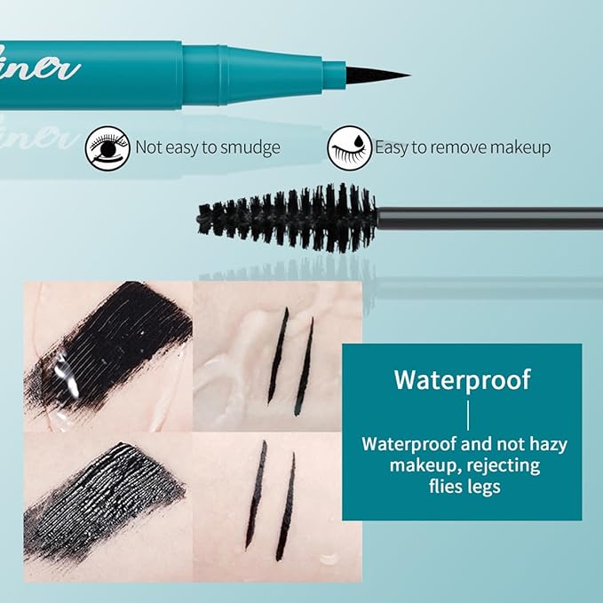 Cool Black Mascara And Quick Drying Eyeliner Set, Thickening Fiber Lash Mascara Extension Voluminous, Long-Lasting Waterproof Smudge-Proof Natural No Flaking/No Clumping
