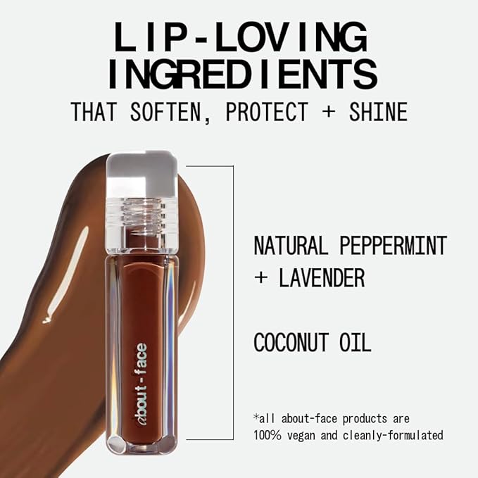 about-face Light Lock Lip Gloss Dare To Bare – Non-Sticky, High-Shine Lip Oil Gloss with Coconut Oil, Peppermint & Lavender – Vegan, Cruelty-Free, Clean Beauty – 0.21 oz (Caramel)