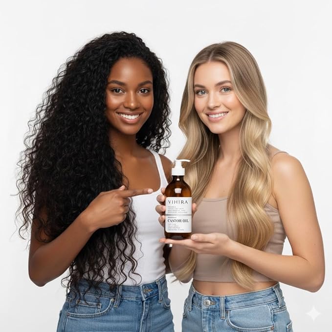 Vihira Organic Golden Castor Oil (16oz | Premium Grade), True Cold Pressed, 100% Pure, Extra Virgin, Hexane Free, for Hair Growth, Eyelash, Eyebrow, Skin, Belly Button, Muscle & Wellness.