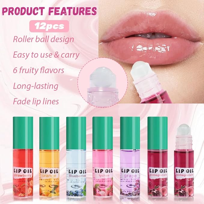 Kaely 12Pcs Mini Roll On Kids Lip Gloss, Fruit Flavored Lipgloss Set for Girls & Teens Party Favors, Hydrating & Moisturizing Lip Gloss Oil Makeup, Birthday Christmas Gifts, Vegan & Cruelty-Free