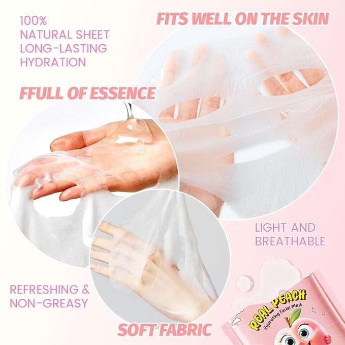 CAKAILA 8 Pack Peach Face Mask,Pink Face Masks Skincare Spa Day Kit Supplies,Spa Party Favors for Women,Sheet Facial Mask Skincare Gifts Set,Moisturize Soothe for All Skin Types