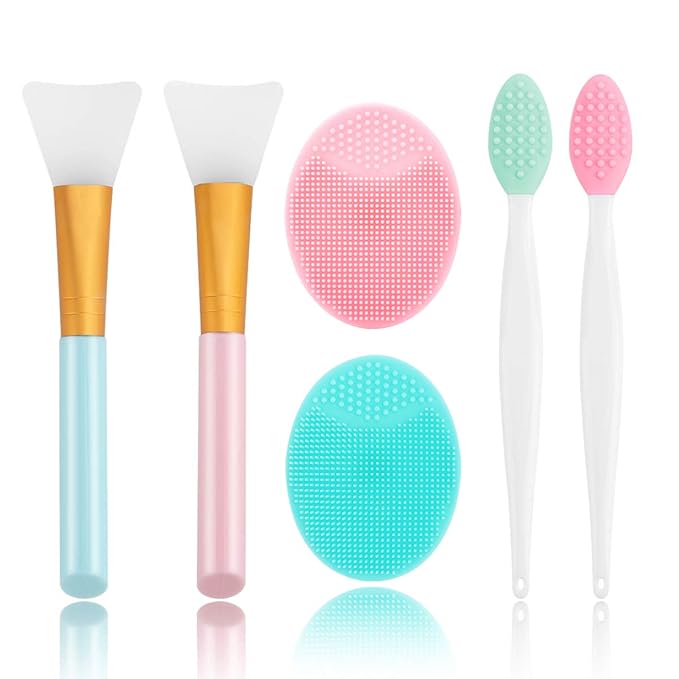Silicone Face Scrubber, 2pcs Exfoliating Lip Brush, 2pcs Face Cleansing Brush & Silicone Facial Mask Brush Exfoliator Blackhead Skin Care Tool