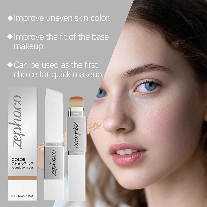 Color Changing Foundation Stick, Medium to Full Coverage Dewy Finish Base Makeup, Dual-Ended with Soft Brush for Flawless Look, Portable & Travel-Friendly (Ivory White)