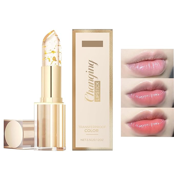 Gold Crystal Color Changing Lipstick - Clear Lip Gloss That Changes, Long Lasting Moisturizing & Nourishing Lipstick, Non-Sticky Glossy Shine (1 pcs)