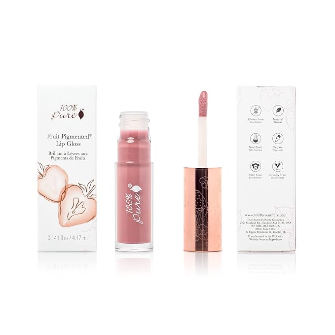 100% PURE Lip Gloss (Fruit Pigmented), Mauvely, High Shine, Moisturizing, Natural Lip Gloss, Sheer Finish, Tinted Lip Gloss w/Cocoa Butter, Vitamin E (Rosy Mauve Color) - 0.14 Fl Oz