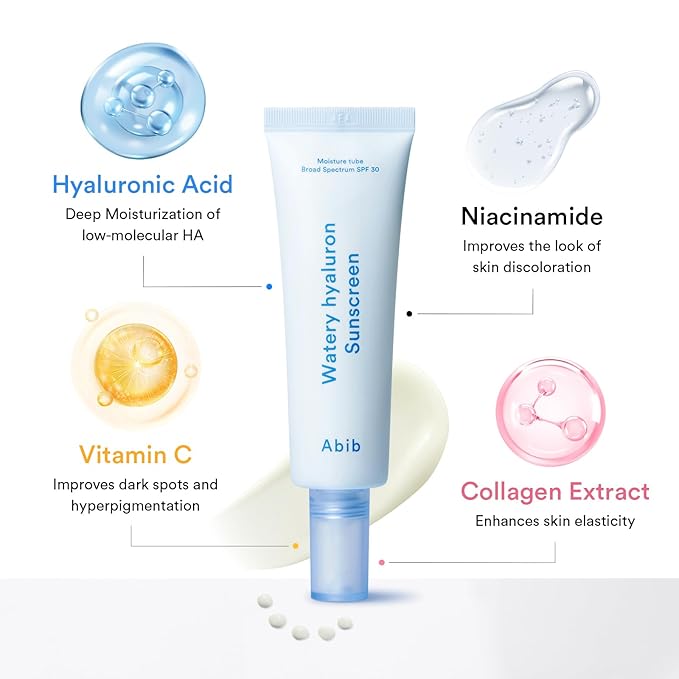 Abib Watery Hyaluron Sunscreen Moisture Tube Broad Spectrum SPF 30 1.69 fl oz / 50ml | Korean Suncreen Suncare Sunblock No White cast Hyaluronic Acid Niacinamide Vitamin C Collagen