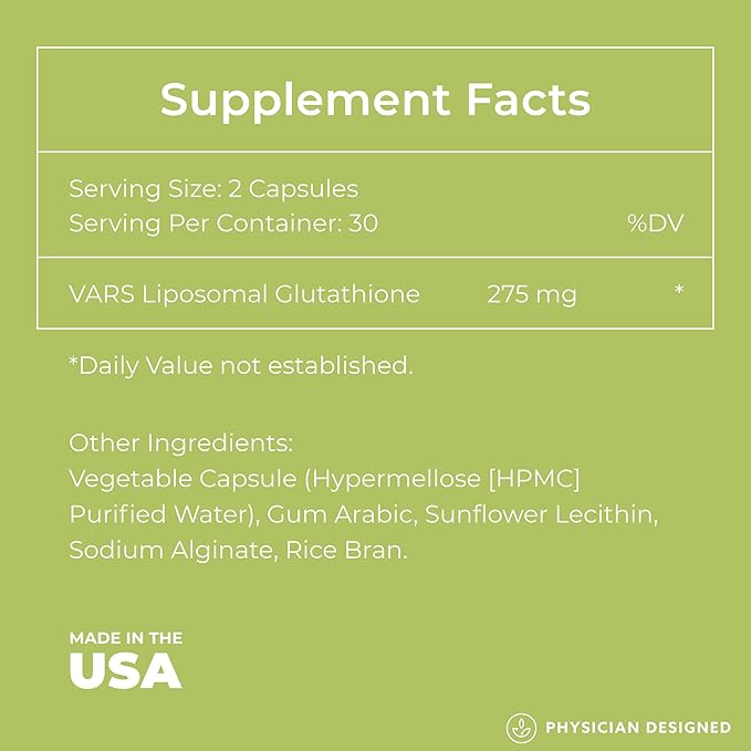 Physician Designed VARS Liposomal Glutathione Capsules - Patented Antioxidant Liquid Dietary Supplement, Anti-Aging, Detoxification, Fortify Immune System, Energy Management Skin Brightening, 60 count