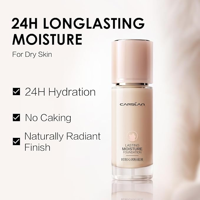 CARSLAN Lasting Moisture Foundation, 24H Longlasting Medium Coverage Dewy Finish Face Makeup, Poreless, Lightweight, Hydrating Liquid Foundation For Dry Skin, N01