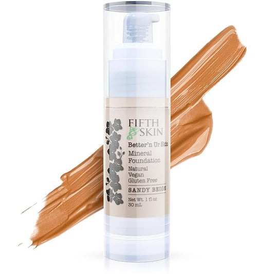 Fifth & Skin: Better’n Ur Skin Liquid Foundation (SANDY BEIGE) - Natural, Organic, Vegan, Cruelty-Free - Gluten-Free Beauty with Buildable Coverage and Palm-Free Luxury - 1 oz