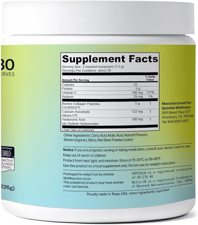 Sparkle Wellness VERISOL Bioactive Hydrolyzed Collagen Peptides | Collagen Powder with Vitamin C & Hyaluronic Acid for Hair, Skin, and Nail Health | Skin Boost Plus (Acai Lemonade) [30-Serves]