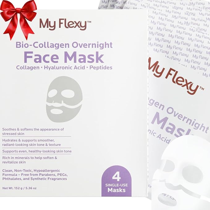 Bio Collagen Overnight Facial Mask with Peptides, Hyaluronic Acid & Antioxidants, Brightening Hydrating Facemask for Women, Hydrogel Korean Face Masks Skincare, Facial Sheet Skincare - 4 Pack