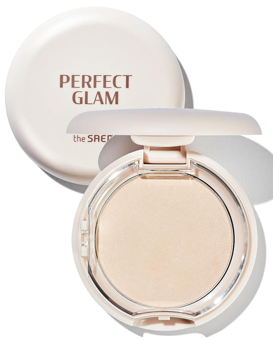 THESAEM Perfect Glam Glow Pact - Illuminating Face Powder with Colorful Pearls for Soft Radiant Glow - Sebum Control Blending Powder with Diamond & Silk - Korean Makeup Highlighter Compact