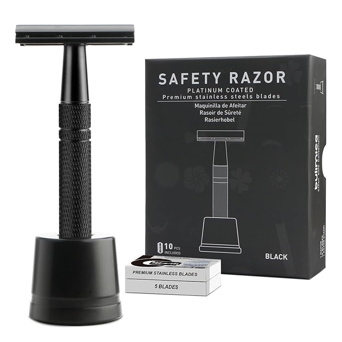 Double Edge Safety Razor with Stand, Single Blade Razors for Men and Women, Reusable Metal Razor, with 10 Stainless Steel Double Edge Blades, Smooth and Close Shave, Plastic Free, Matte Black