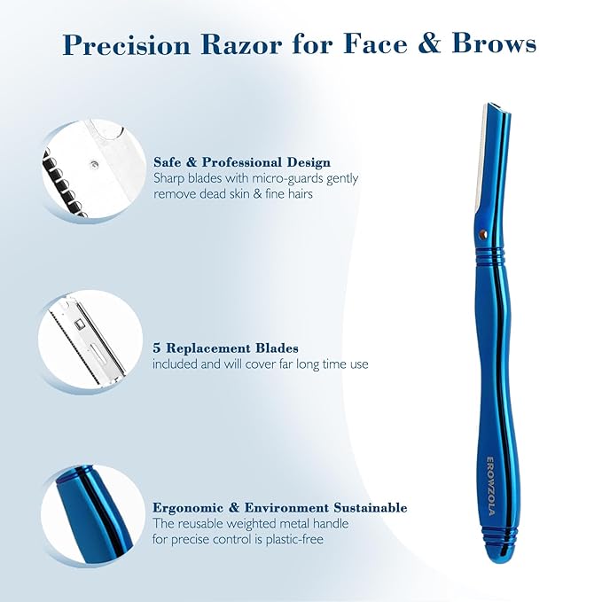 EROWZOLA Eyebrow Razor for Women and Men, Face Razors for Women, Dermaplane Razor with Protective Silicone Cover, Reusable Metal Handle with 6 Refill Blades, Skin Care Tool - Blue