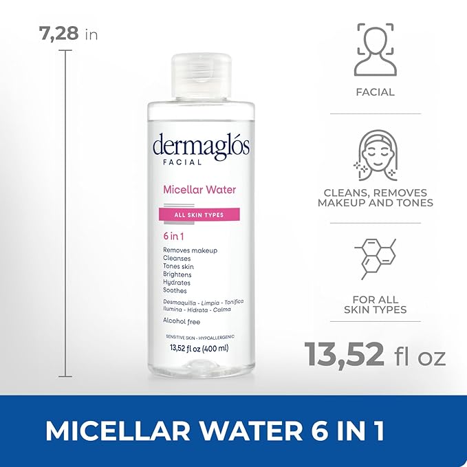 Dermaglos Micellar Water for All Skin Types Even Sensitive | All In 1 Hydrating Facial Cleanser & Makeup Remover, Brightening, Soothing, Gentle Face Toner | Alcohol-Free Formula | 13.52 Fl Oz