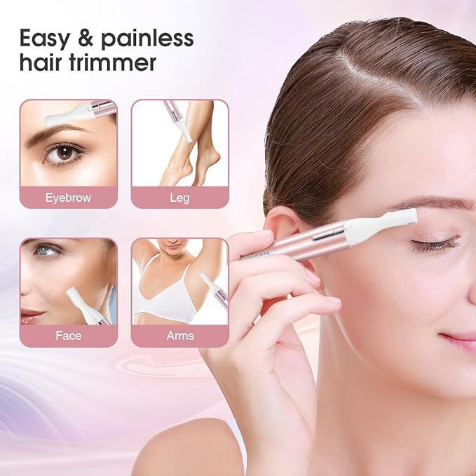 TOUCHBeauty Eyebrow Hair Trimmer for Women, Painless Precision Eyebrow Shaper, Pen-Shaped Hair Remover Razor for Face Chin Neck, Upper-Lip, Peach-Fuzz Mini Sized Battery-Operated Rose Color 1658A