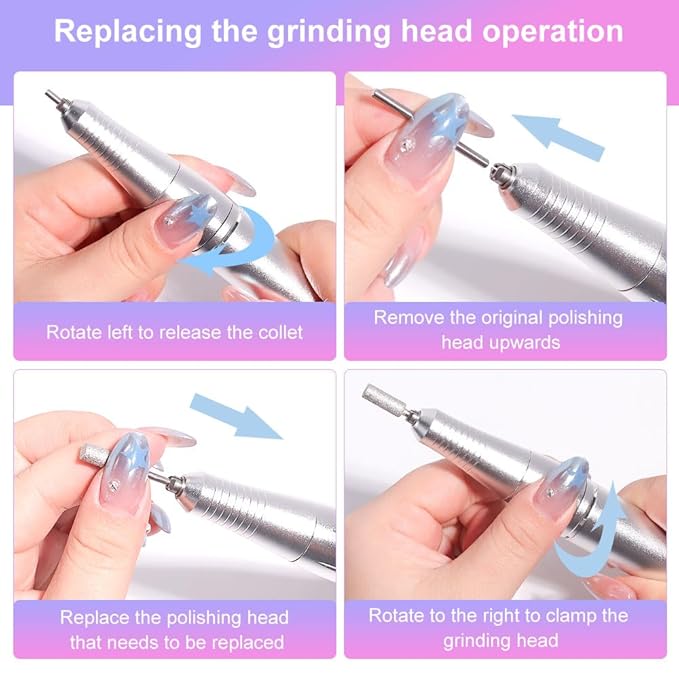 ANRLO Professional Electric Nail Drill, 45000 RPM Cordless Rechargeable E-File Machine, with 12 Bits, Sanding Bands, LCD Display for Acrylic Gel Nails (DMJ-V4-purple-USB)