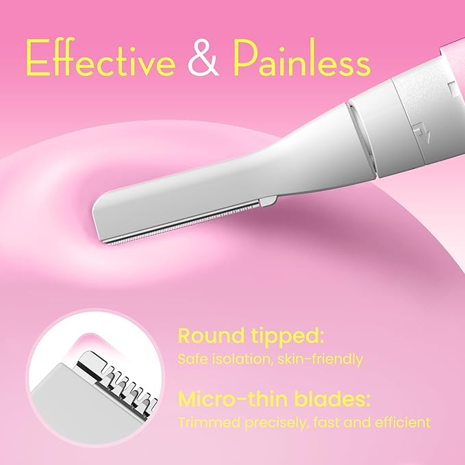 OLOV slim Facial Hair Removal for Women, Painless Eyebrow Trimmer with Pivoting Head, Electric Battery Operated Body Hair Remover with 2 Replaceable Blade for Face Neck Chin Bikini, Pink