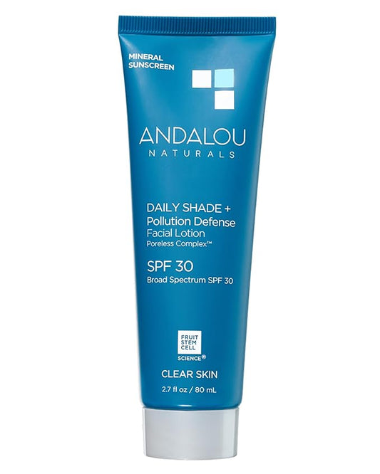 Andalou Naturals Clear Skin Mineral Face Sunscreen SPF 30 - Daily Shade Pollution Defense Facial Sunblock Lotion with Zinc Oxide - Lightweight, Non-Greasy, Non-comedogenic, Fragrance-Free - 2.7 fl oz