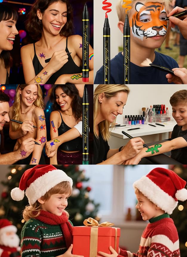 SkinCraft - Safe Temporary Tattoo Pens, Skin Craft Tattoo Markers, 10 Vibrant Colors Body Markers with Reusable Stencils, Skin-Friendly Waterproof Face Paint for Kids Teens Adults Party (20 Pcs)