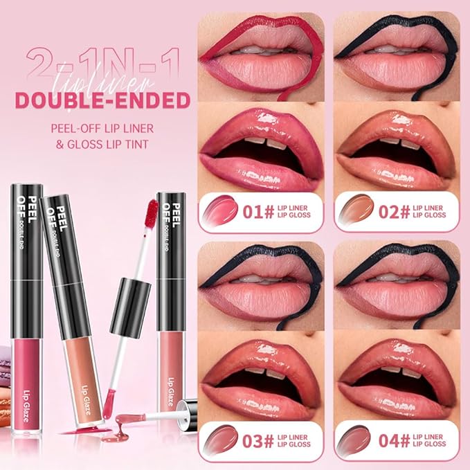 Peel Off Lip Liner & Gloss – Long-Lasting Smudge-Proof Rose Petal Pink Lip Tint & Lip Stain Liner with Hydrating High Shine Gloss for Defined, Fuller Rosy Lips – Waterproof Soft Glam Lip Makeup